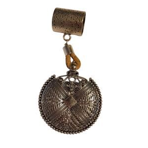 NEW silvertone Black Aged Filigree Metal MEDALLION Scarf Purse Slide Cork Rope